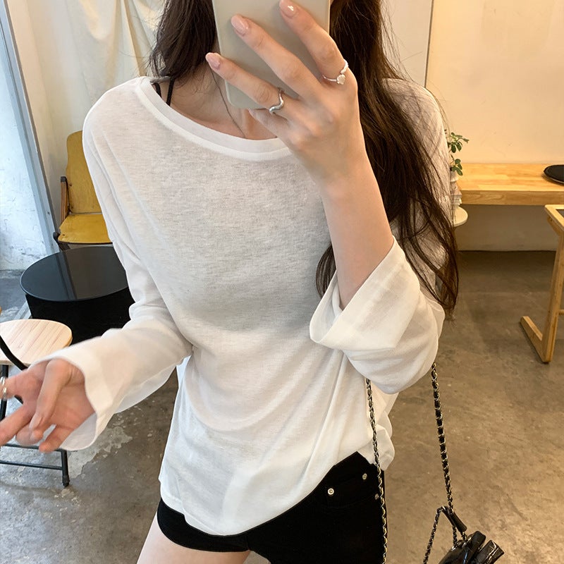 Skin-friendly Thin Long-sleeved Sunscreen Base Air Conditioning Blouse T-shirt Womens 2024 Early Autumn New Loose Lazy Style Top Pink - Image 3