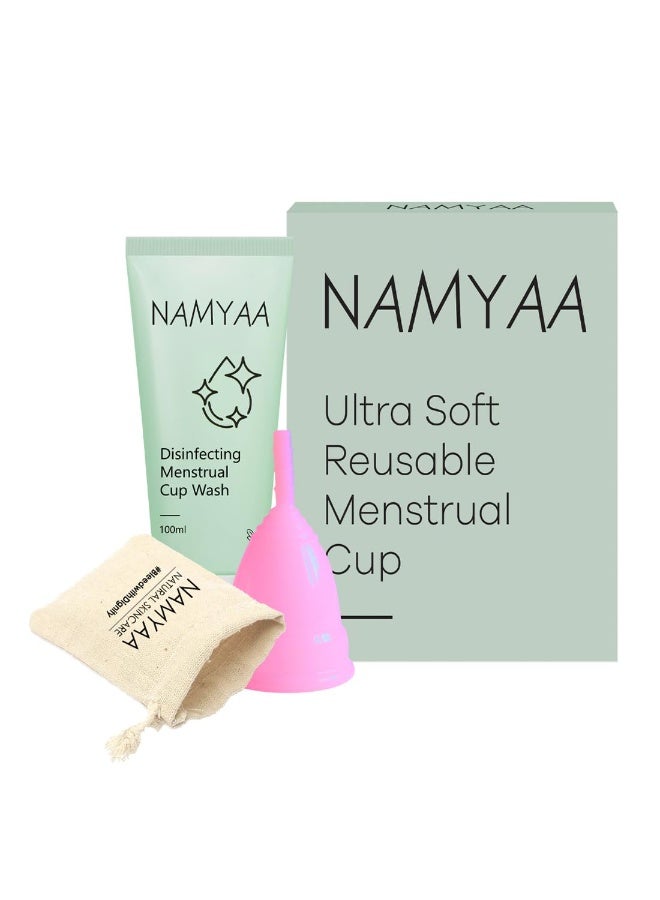 Namyaa Reusable Menstrual Cup for Women with Menstrual Cup Wash 100ml |Combo Pack|Cup With Pouch |Ultra Soft, Odour and Rash Free |100% Medical Grade Silicone |No Leakage |US FDA Registered (Small) - Image 1