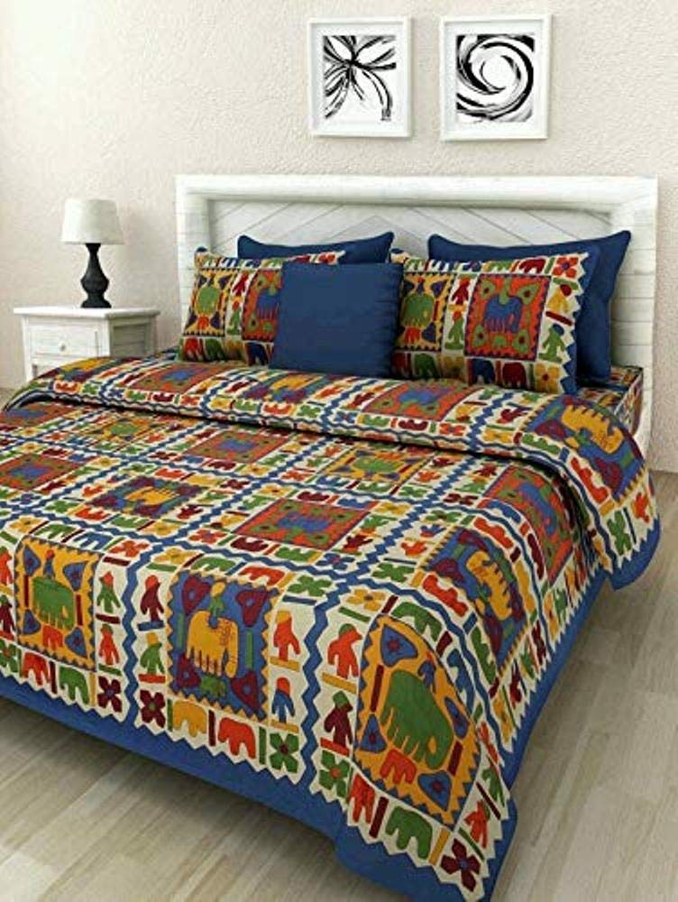 BedZone 144TC 100 Cotton Rajasthani Jaipuri Printed Double Bedsheet with 2 Pillow Covers 90 X 100