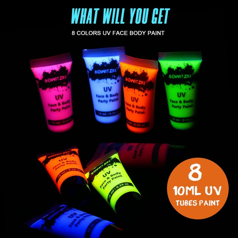Bowitzki طقم طلاء الوجه والجسم بويتسكي UV نيون 8 أنابيب 0.34 أونصة سائل يتلألأ تحت الضوء الأسود مجموعة مكياج متلألئة للبالغين والأطفال لمهرجانات الموسيقى والحفلات والهالوين وعيد الميلاد - Image 4