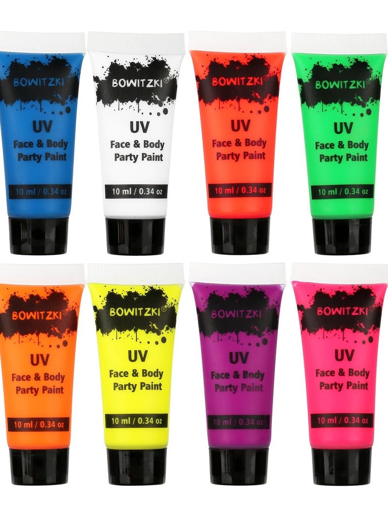 Bowitzki Bowitzki UV Neon Face Body Paint 8 Tubes 0.34oz Liquid Kit Black Light Glow in The Dark Makeup Set Fluorescent Painting for Adults Kids Music Festivals Party Halloween Christmas  - Image 1
