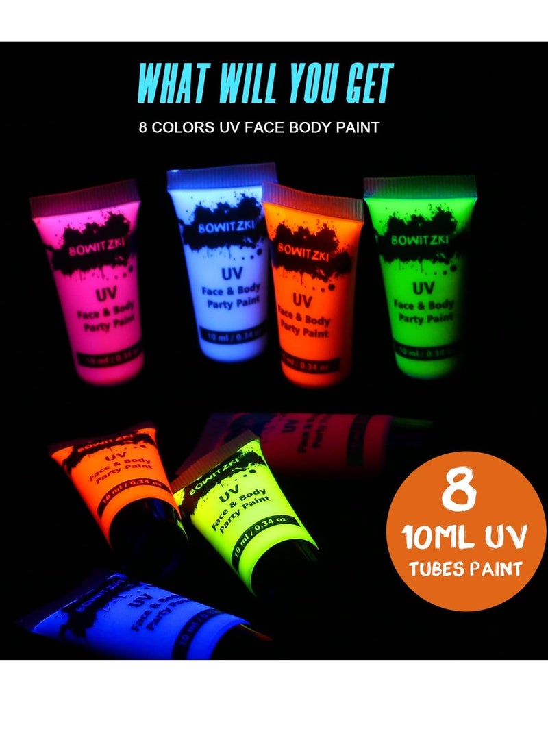 Bowitzki Bowitzki UV Neon Face Body Paint 8 Tubes 0.34oz Liquid Kit Black Light Glow in The Dark Makeup Set Fluorescent Painting for Adults Kids Music Festivals Party Halloween Christmas  - Image 3
