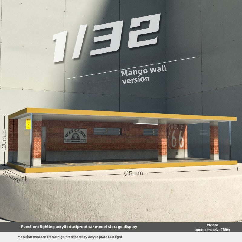 Loquat Wholesale Miniature Car Garage Model, Wooden Dustproof Cover with Light, 1:32 733606-6-car red brick wall version