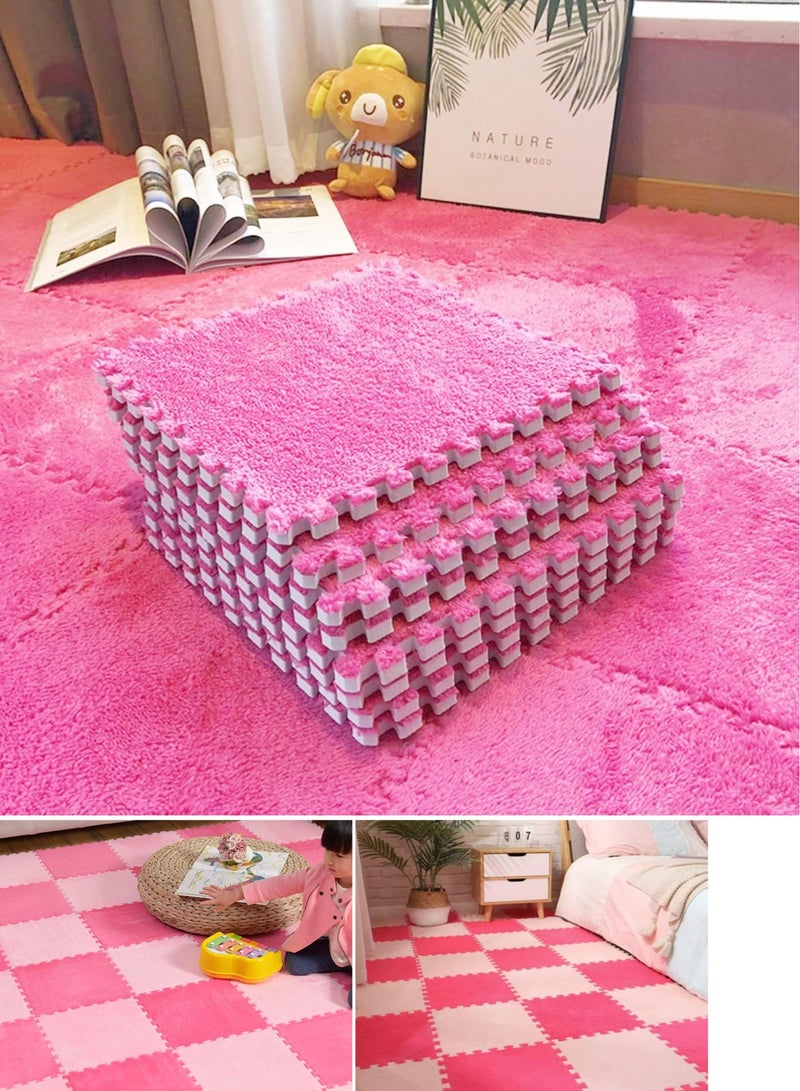VUCATIN 12PCS Plush Foam Floor Mat for Baby Kids Thickened Interlocking Play Mat Carpet Tiles with Padding for Toddler Baby Square Soft Fluffy Tiles for Home Playroom Decoration 12" x 12"  (Pink) - Image 1