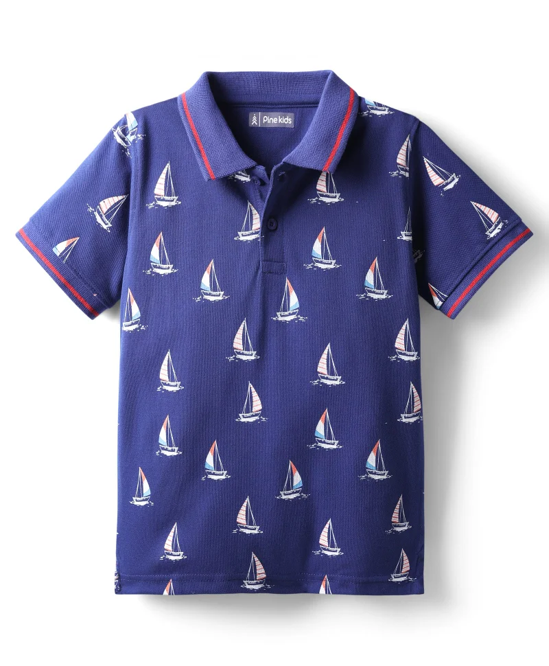 Pine Kids Pine Kids Cotton Knit Half Sleeves Polo T-Shirt With Nautical Print - Navy Blue