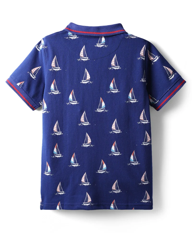 Pine Kids Pine Kids Cotton Knit Half Sleeves Polo T-Shirt With Nautical Print - Navy Blue