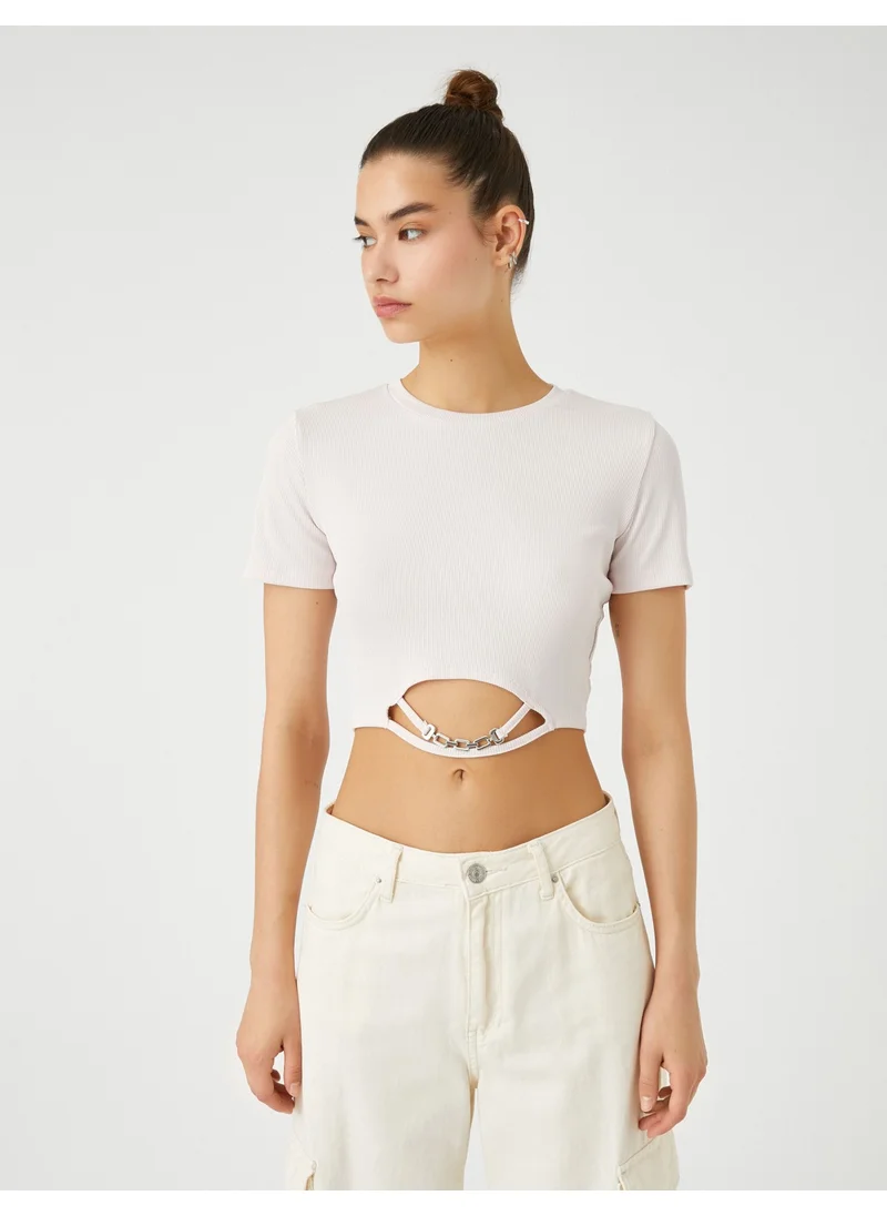 KOTON Crop T-Shirt Short Sleeve Crew Neck Metal Accessory
