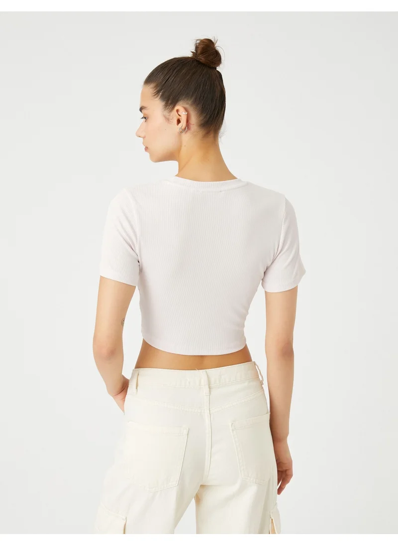 KOTON Crop T-Shirt Short Sleeve Crew Neck Metal Accessory
