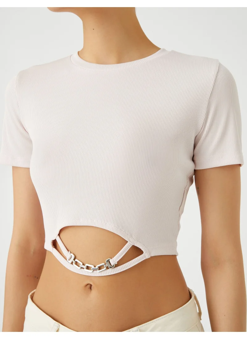 KOTON Crop T-Shirt Short Sleeve Crew Neck Metal Accessory