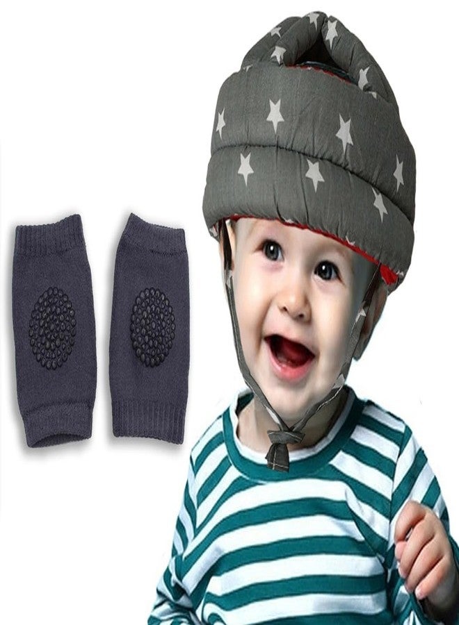 Synlark® Baby Head Protector for Safety of Kids 6M to 3 Years- Star Print Baby Safety Helmet + Baby Kneepads for Crawling (Grey) - Image 1