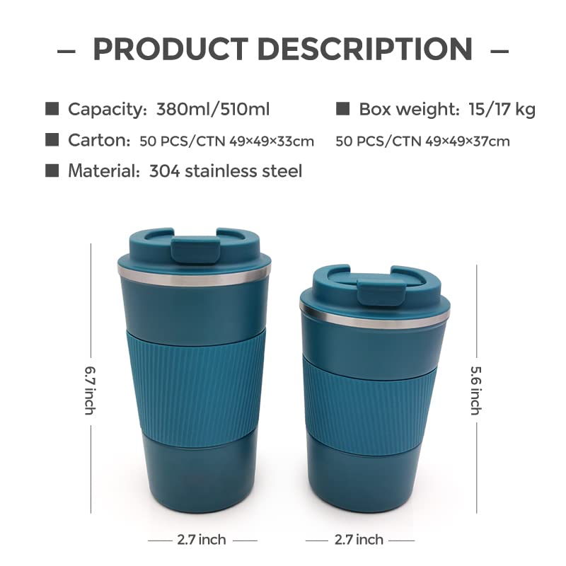 Wosta Travel Mug, Insulated Coffee Cup with Leakproof Lid,Vacuum Insulation Stainless Steel Reusable for Hot Cold Coffee, Non-Slip Protective Cover, (Blue, 380 Ml & Cleaning Brush) - Image 3