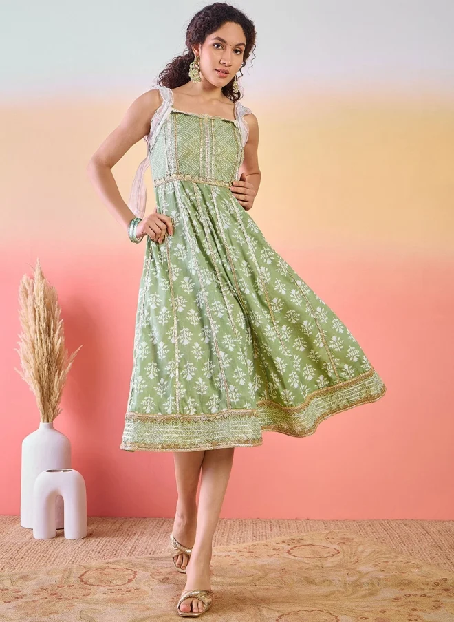 أيه كيه إس Floral Printed Green Midi Dress for Women
