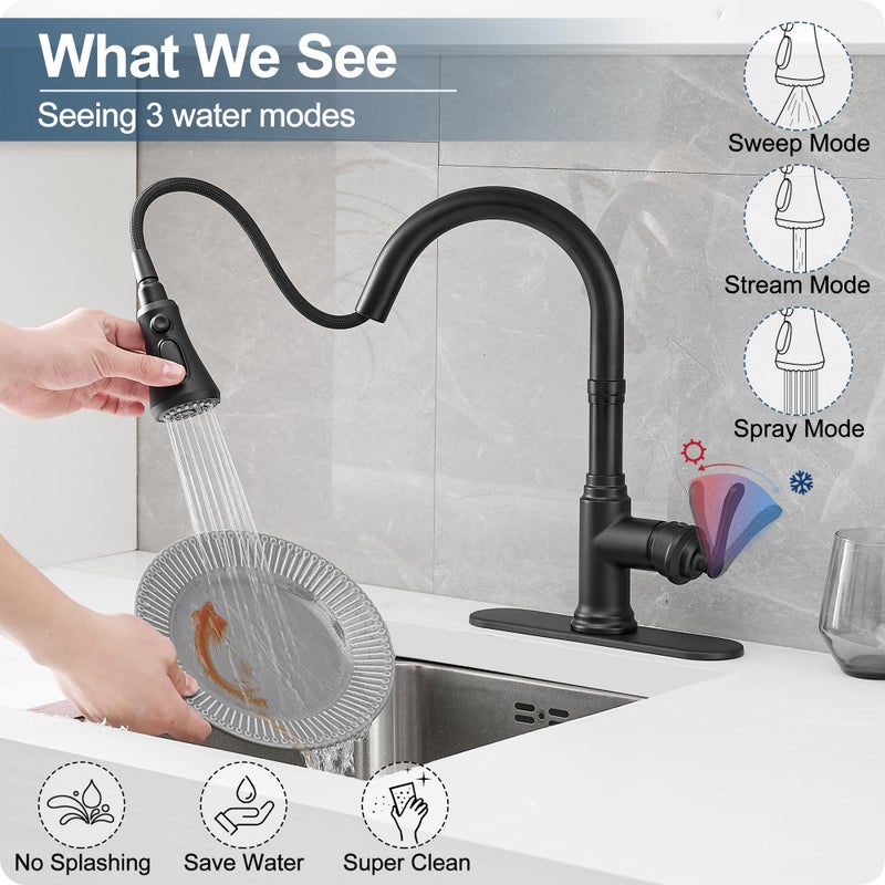 HOIGY Black Bar Faucet, 3 Functions Pull Down Wet Bar Sink Faucet 1 or 3 Hole, Single Handle Bar Faucets Single Hole Stainless Steel with Deck Plate - Image 2
