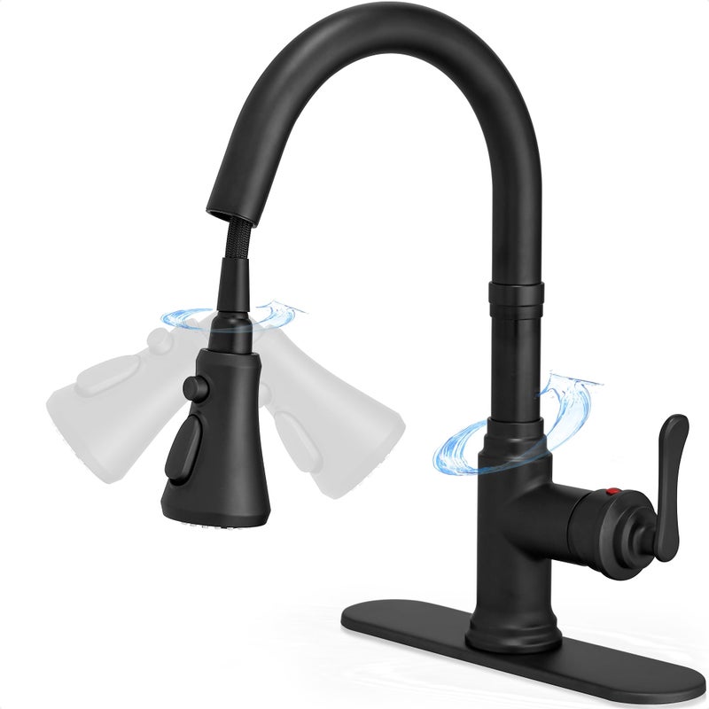 HOIGY Black Bar Faucet, 3 Functions Pull Down Wet Bar Sink Faucet 1 or 3 Hole, Single Handle Bar Faucets Single Hole Stainless Steel with Deck Plate - Image 1