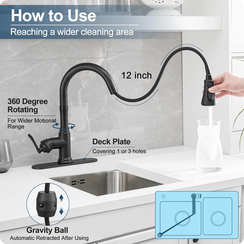 HOIGY Black Bar Faucet, 3 Functions Pull Down Wet Bar Sink Faucet 1 or 3 Hole, Single Handle Bar Faucets Single Hole Stainless Steel with Deck Plate - Image 5