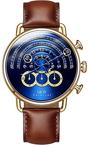 Carnival Luxury Men's Big Dial Chronograph Sapphire Glass Waterproof Quartz Black Leather Gold Watches (Gold case & Blue dial & Brown Strap) - Image 1