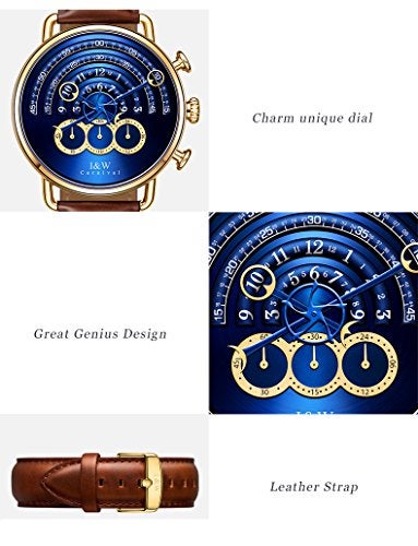 Carnival Luxury Men's Big Dial Chronograph Sapphire Glass Waterproof Quartz Black Leather Gold Watches (Gold case & Blue dial & Brown Strap) - Image 2