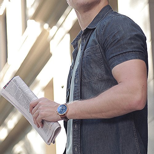 Carnival Luxury Men's Big Dial Chronograph Sapphire Glass Waterproof Quartz Black Leather Gold Watches (Gold case & Blue dial & Brown Strap) - Image 5