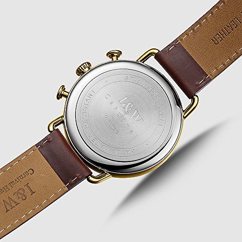 Carnival Luxury Men's Big Dial Chronograph Sapphire Glass Waterproof Quartz Black Leather Gold Watches (Gold case & Blue dial & Brown Strap) - Image 4