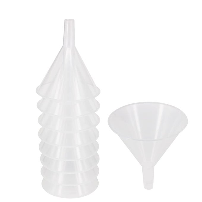 8 PACK MULTIPURPOSE PLASTIC FUNNELS WITH LONG REACHING SPOUT 47 FOR WATER BOTTLE EASY AND SMOOTH CONTENT TRANSFER BY