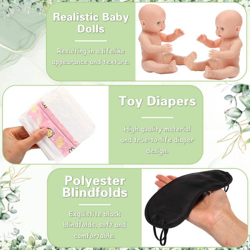RoundFunny 33 Pcs Baby Shower Diaper Changing Game Supplies Including Dolls Blindfold Diapers Wooden Sign for Changing Race Gender Reveal Party Favors(Greenery) - Image 4