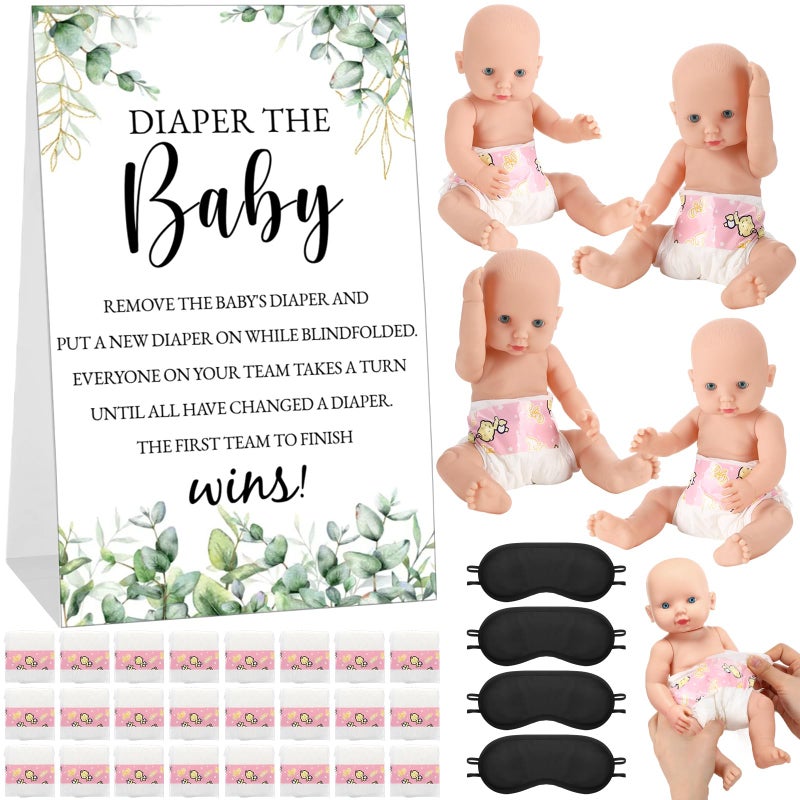RoundFunny 33 Pcs Baby Shower Diaper Changing Game Supplies Including Dolls Blindfold Diapers Wooden Sign for Changing Race Gender Reveal Party Favors(Greenery) - Image 1
