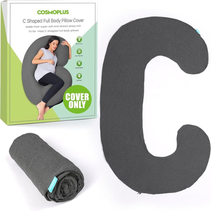 كوزمو بلس غطاء وسادة الحمل COSMOPLUS على شكل حرف C، غطاء وسادة كامل الجسم للحمل، قماش جيرسي قابل للتنفس وبارد ومطاط، يوفر النوم والدعم أثناء الحمل، رمادي هيذر - Image 1