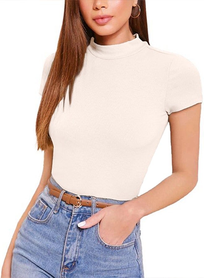 Nileton Ribbed Knit Mock Neck Crop Top - Cap Sleeve - Neck T-shirt For women  - Image 1