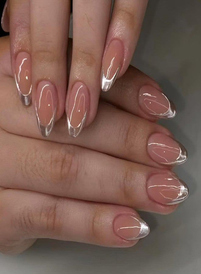 winthrop Press On Nails Silvery Medium Almond Fake Nails, Fashion French Tip Acrylic Full Cover False Nails Set, Natural Perfectly Reusable Stick On Nails Suitable for Women Girls - Image 1