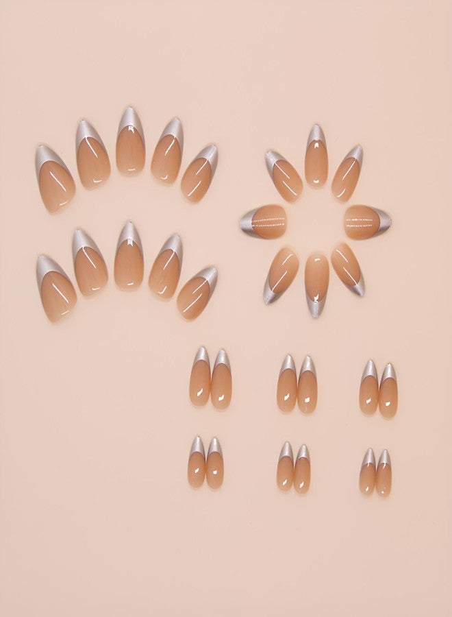 winthrop Press On Nails Silvery Medium Almond Fake Nails, Fashion French Tip Acrylic Full Cover False Nails Set, Natural Perfectly Reusable Stick On Nails Suitable for Women Girls - Image 4