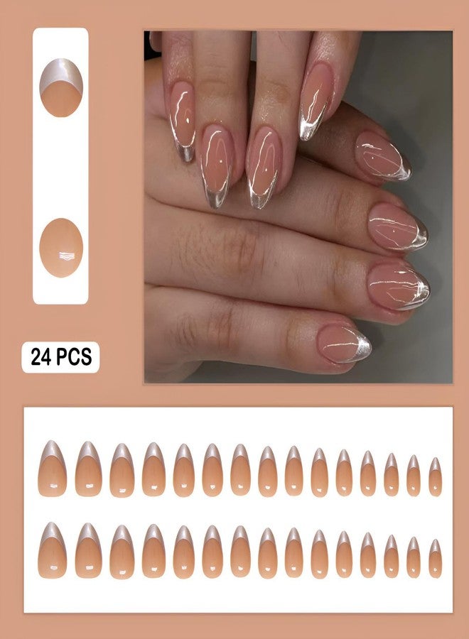 winthrop Press On Nails Silvery Medium Almond Fake Nails, Fashion French Tip Acrylic Full Cover False Nails Set, Natural Perfectly Reusable Stick On Nails Suitable for Women Girls - Image 2
