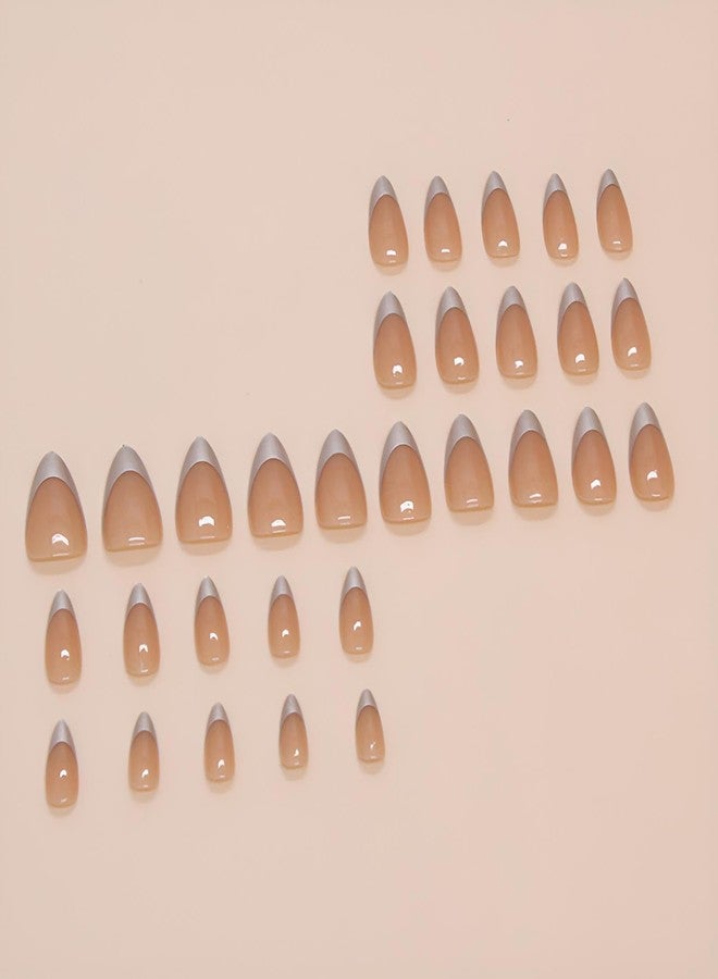 winthrop Press On Nails Silvery Medium Almond Fake Nails, Fashion French Tip Acrylic Full Cover False Nails Set, Natural Perfectly Reusable Stick On Nails Suitable for Women Girls - Image 3