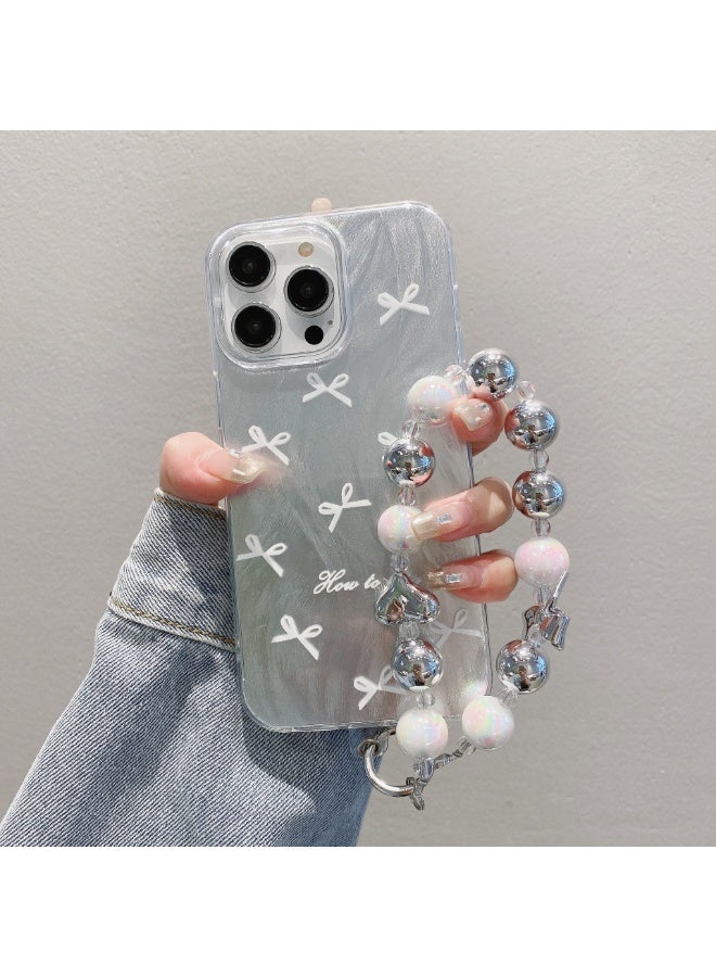 NIBEMINENT Bow Protective TPU Case Cover For iPhone 15 Pro Max, White Bow With Silver Love Beads - Image 1