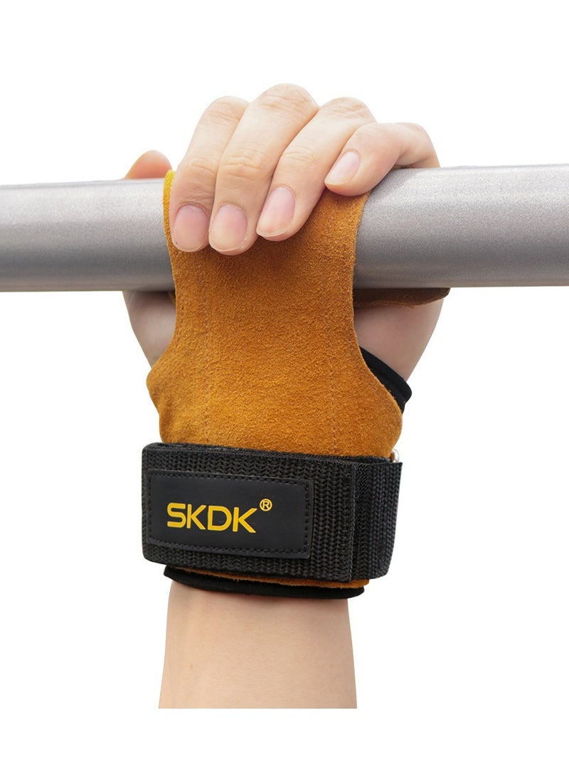 إس كي دي كي قفازات رفع الأثقال في صالة الألعاب الرياضية، واقي لليد، خطافات للتمرين، أشرطة جلدية مبطنة من جلد النخيل، لفافات معصم مبطنة (أصفر) - Image 4