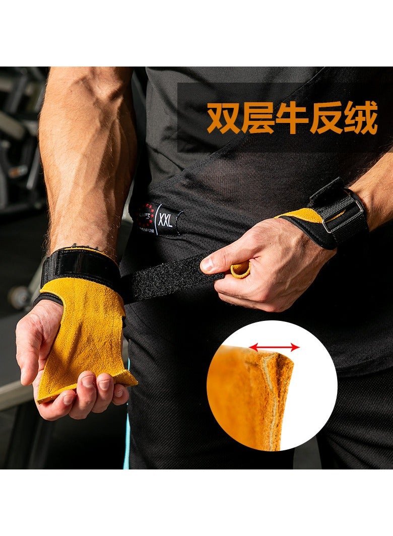 إس كي دي كي قفازات رفع الأثقال في صالة الألعاب الرياضية، واقي لليد، خطافات للتمرين، أشرطة جلدية مبطنة من جلد النخيل، لفافات معصم مبطنة (أصفر) - Image 3