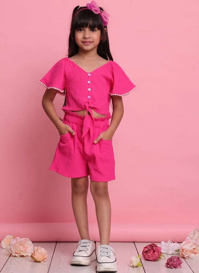Saka Designs Magenta Self-Design Top And Shorts Set For Girls