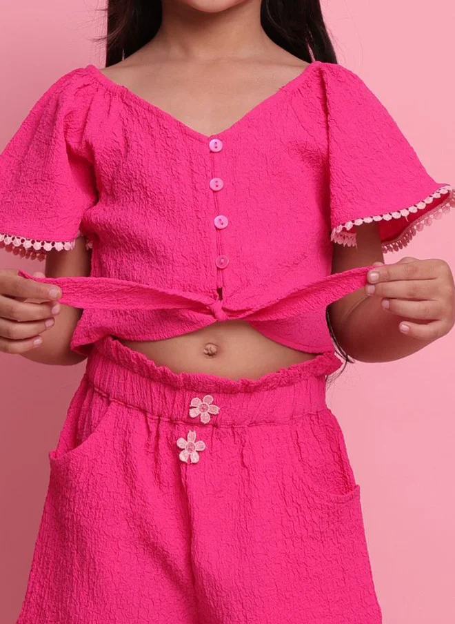 Saka Designs Magenta Self-Design Top And Shorts Set For Girls