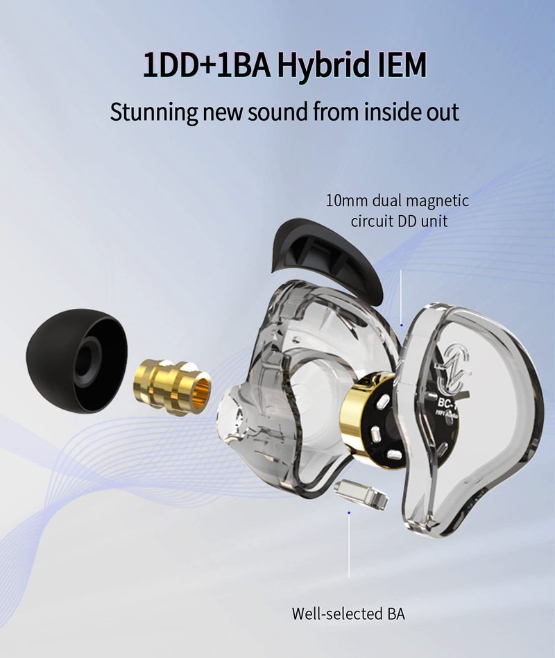 Kinboofi CCZ Melody in Ear Monitor, Dynamic Hybrid Dual Driver in Ear Earphones 1BA+1DD HiFi Wired Headphones Musicians IEM Upgrade Deep Bass Suitable for Bass Vocals Pop Folk ACG (No MIC, Transparent)… - Image 2