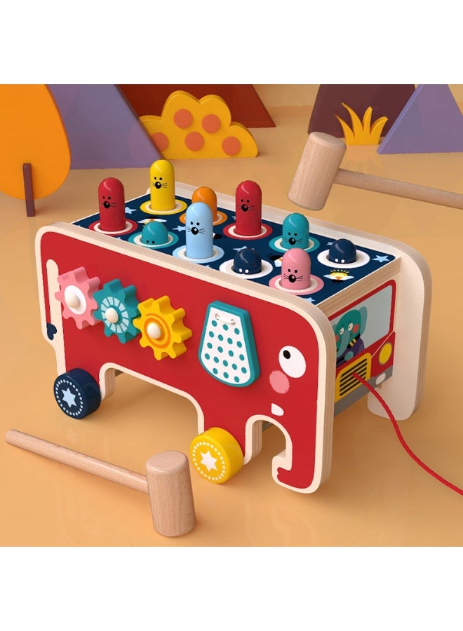 Wooden Hammering and Pounding Toys with 2 Mallets & 1 Drumstick,Peg Pounding Bench, Elephant Gopher Toy, Tap Bench Hit Mole Hamster Game, Educational Wooden Toy Gift for Baby Toddlers（red） - Image 1