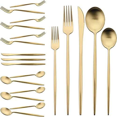 Uniturcky Flatware Set 18/10 Stainless Steel Matte Champagne Gold - Kitchen Utensil Serving Set of Dinner Fork Knife Spoons Salad Fork Dessert Spoon,20 Piece, for Home Kitchen Hotel (Champagne Gold) - Image 1