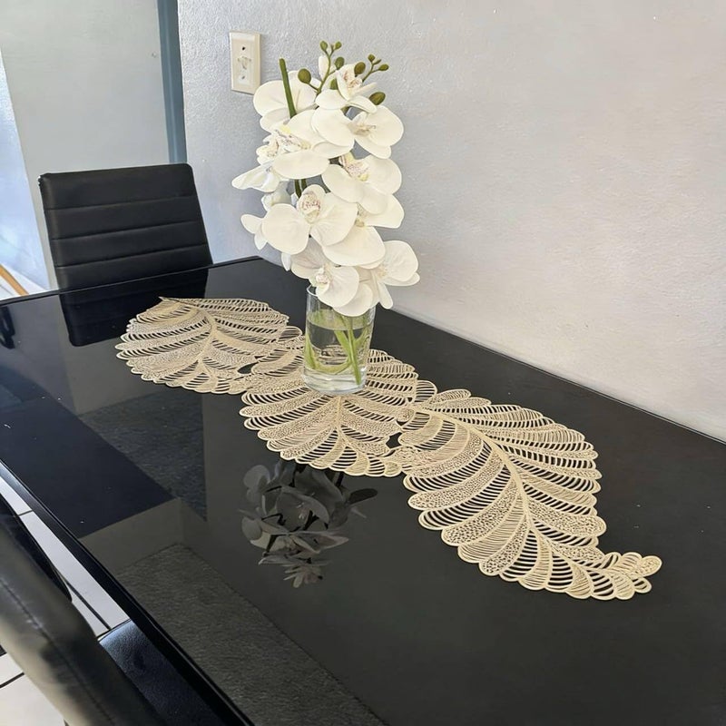 FAVE Heat Resistant Washable Table Runner 36 Inches Vinyl Golden Table Runner for Wedding, Party, Holiday Dining & Restaurant Decor, Easy Clean & Non-Scratch( Golden Leaf Shaped) - Image 4