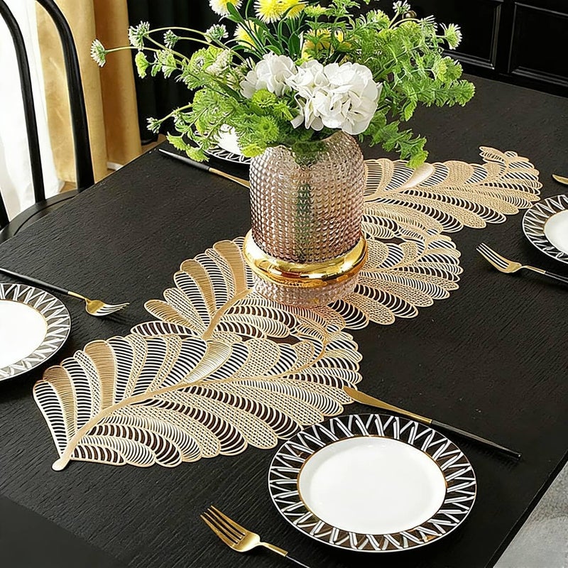 FAVE Heat Resistant Washable Table Runner 36 Inches Vinyl Golden Table Runner for Wedding, Party, Holiday Dining & Restaurant Decor, Easy Clean & Non-Scratch( Golden Leaf Shaped) - Image 1