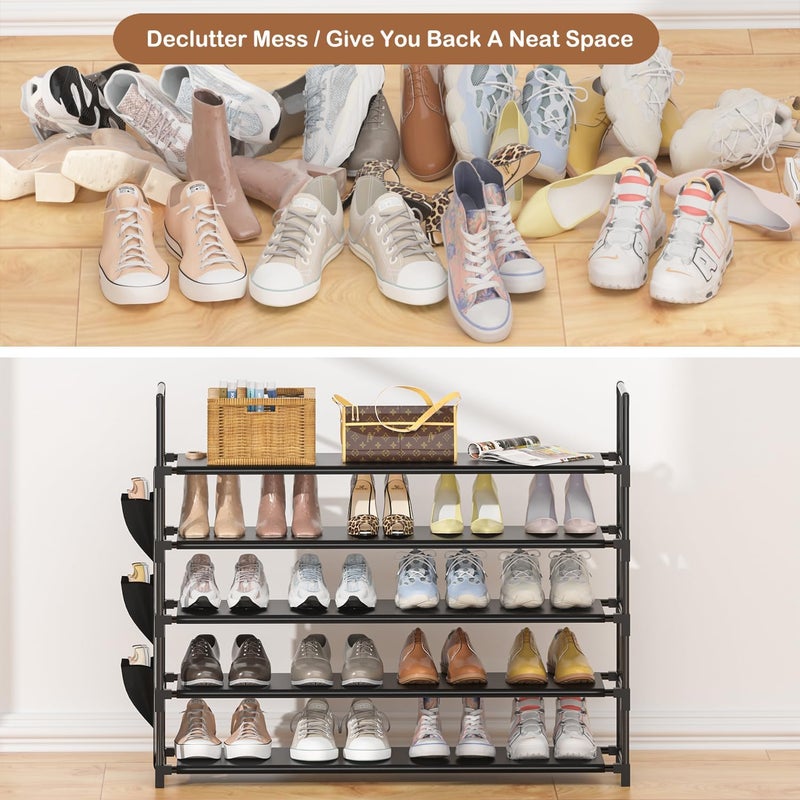 OYREL 5 Tier Shoe Rack for 20-25 Pairs Shoes Storage Organizer Large with Side Bag Space Saving for Closet, Entryway, Garage, Bedroom, Non Woven Shoe Rack, Black - Image 4