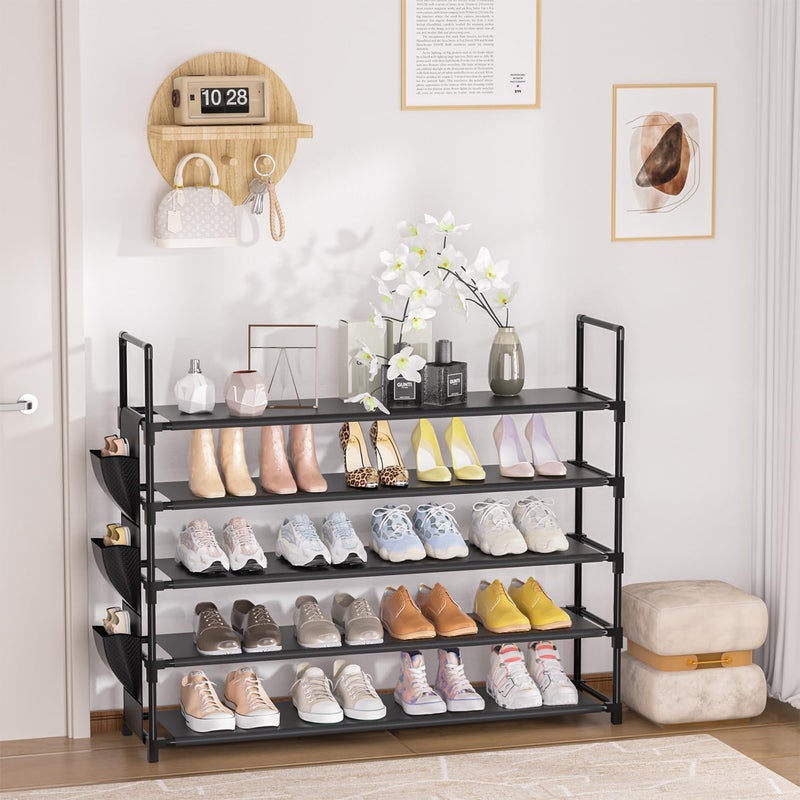 OYREL 5 Tier Shoe Rack for 20-25 Pairs Shoes Storage Organizer Large with Side Bag Space Saving for Closet, Entryway, Garage, Bedroom, Non Woven Shoe Rack, Black - Image 2