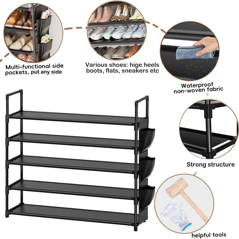 OYREL 5 Tier Shoe Rack for 20-25 Pairs Shoes Storage Organizer Large with Side Bag Space Saving for Closet, Entryway, Garage, Bedroom, Non Woven Shoe Rack, Black - Image 5