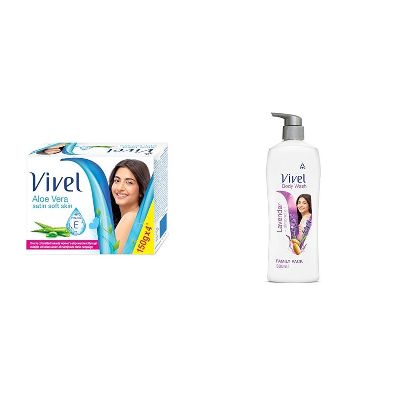 Vivel Aloe Vera Bathing Soap with Vitamin E for Soft Glowing skinRefreshing FragranceCombo Pack 150g Pack of 4 Vivel Body Wash Lavender Almond Oil Shower Creme 500 ml Pump - Image 1