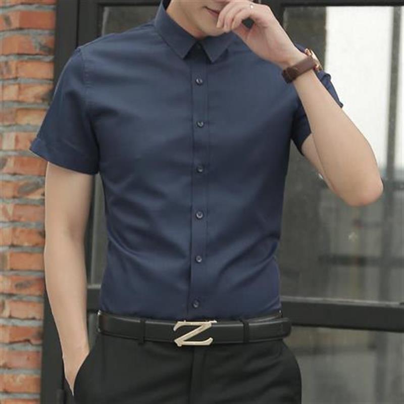 2024 Summer Solid Color Shirt Mens Short-Sleeved Business Formal Fit Professional Workwear White Half-Sleeved Shirt Navy blue - Image 1