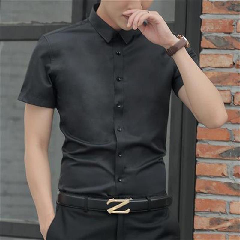 2024 Summer Solid Color Shirt Mens Short-Sleeved Business Formal Fit Professional Workwear White Half-Sleeved Shirt Navy blue - Image 4