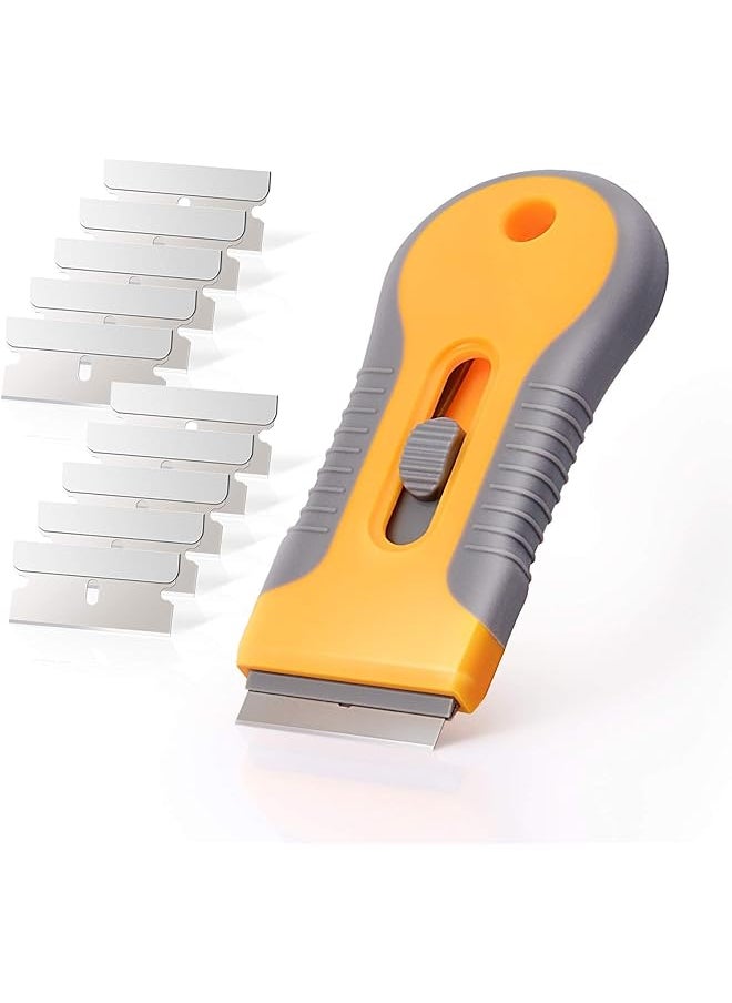 PROMASS promass Ceramic Scraper, Ceramic Scraper Car Sticker Remover Glass Stove Top Razor Scraper Label,Glue,Paint,Adhesive Remover Tool + 10pcs Stainless Steel Razor Blades (Yellow) 