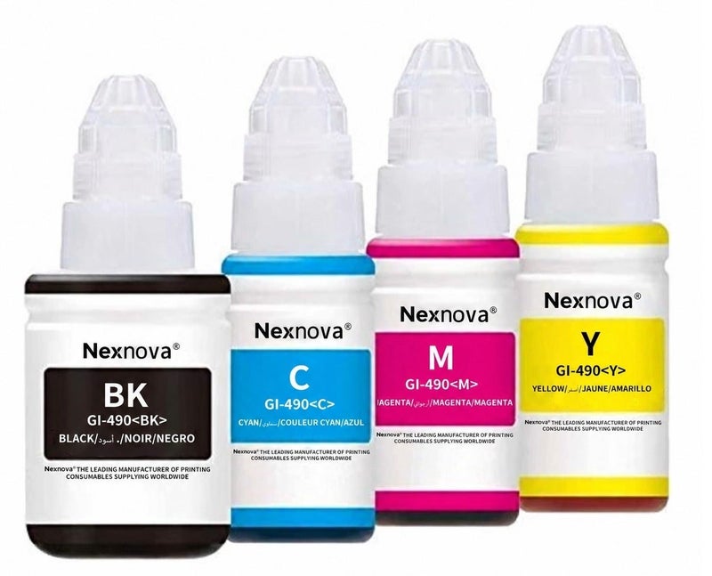 NexNova® ink gi 490 for Canon Set (4-Pack Black Cyan Magenta Yellow) Ink for GI 490 for PIXMA G3400 G2400 G1400 G4400 G1411 G2411 G3411 G4411 G4410 G3410 - Image 1